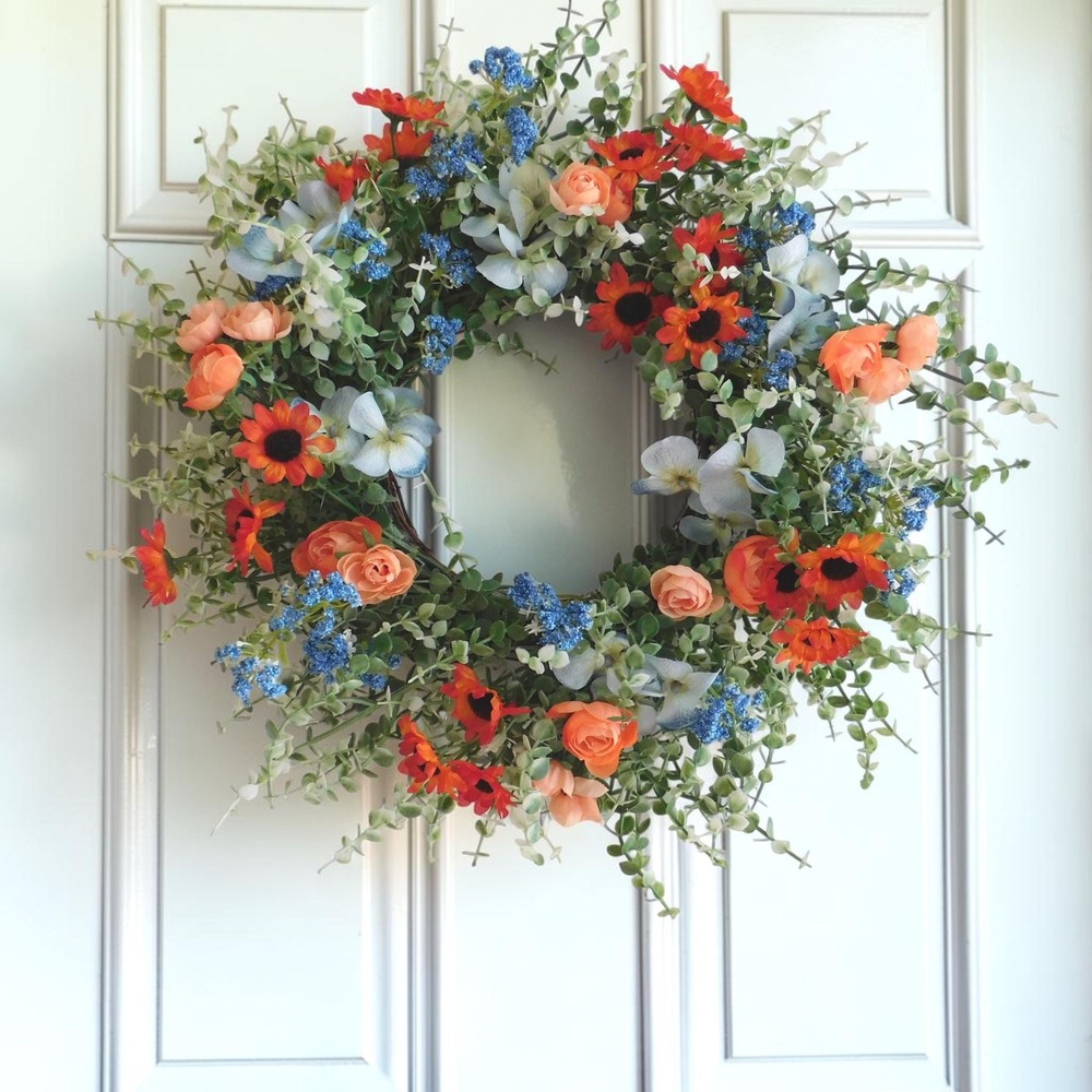 Wildflower Summer Wreath Wire Vine, Front Door, Blue Hydrangea, sunflowers